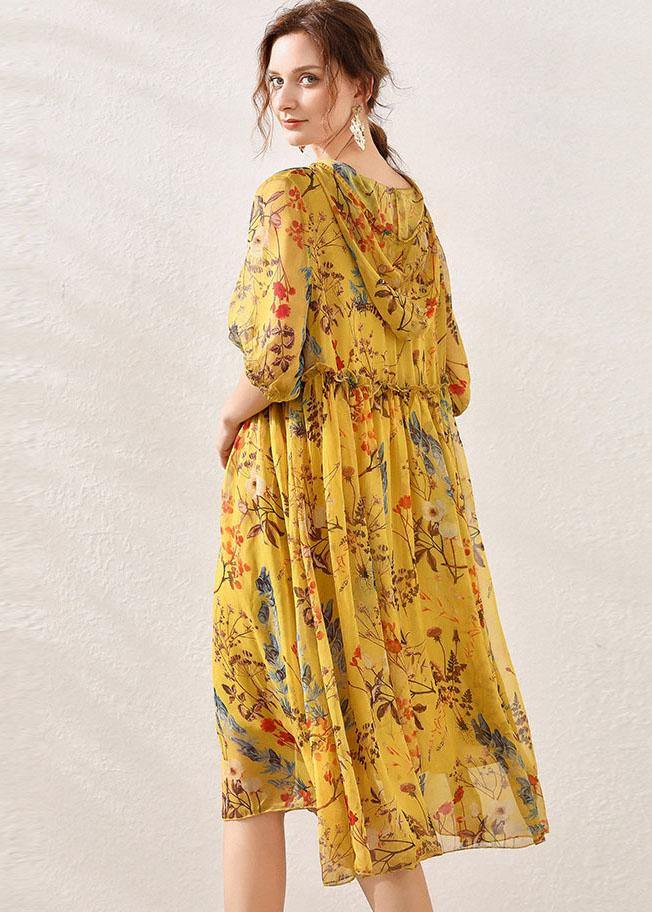 Yellow Print Hooded Patchwork Summer Chiffon Summer Dresses