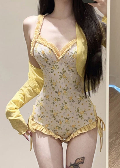 Yellow Print Smock and Bodysuit Lingerie Set