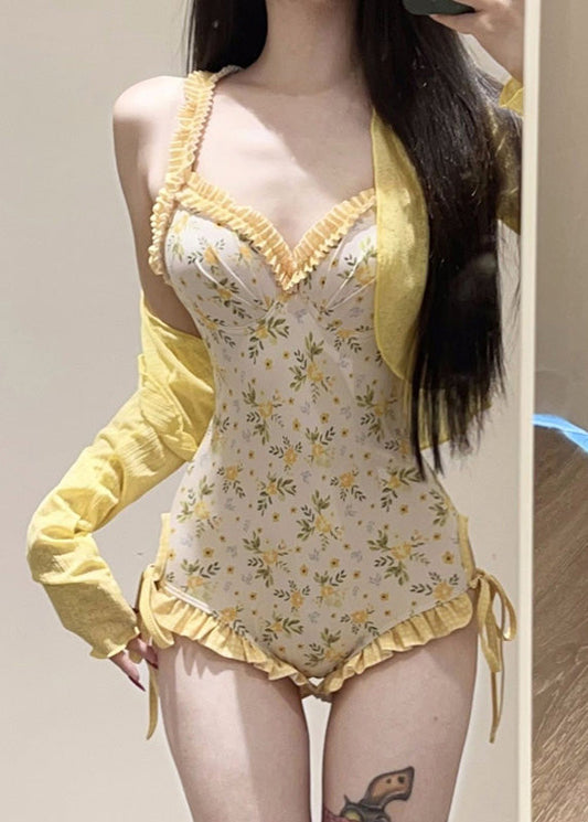 Yellow Print Smock and Bodysuit Lingerie Set