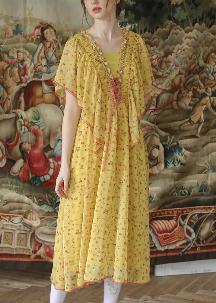 Yellow Ruffled Lace Up Nail Bead Chiffon Long Dresses Summer