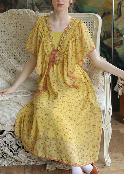 Yellow Ruffled Lace Up Nail Bead Chiffon Long Dresses Summer