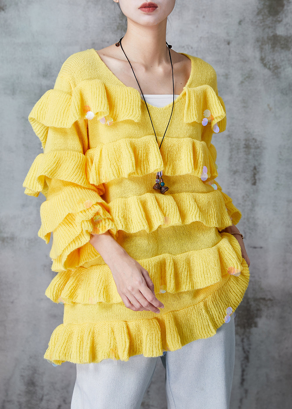 Yellow Ruffled Sequins Knit Pullover Spring
