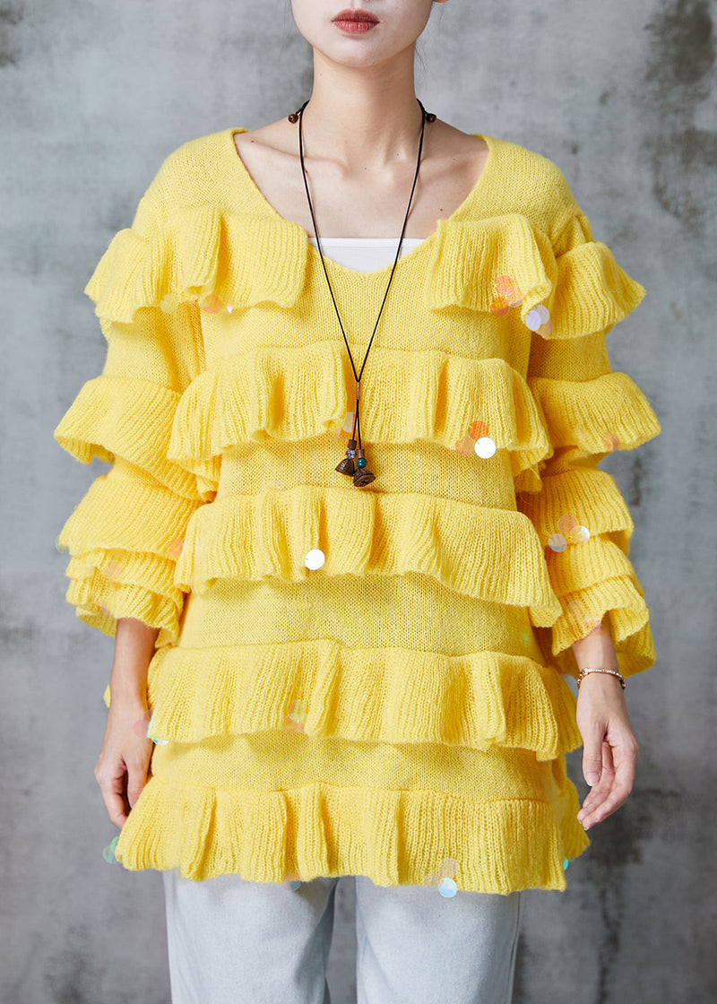 Yellow Ruffled Sequins Knit Pullover Spring