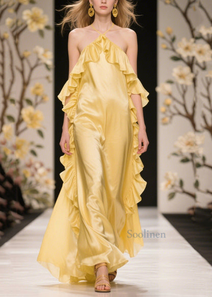 Yellow Ruffles Cold Shoulder Silk Halter Dress Summer