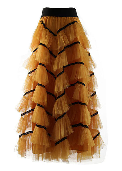 Yellow Ruffles Patchwork Tulle a Line Skirts Spring