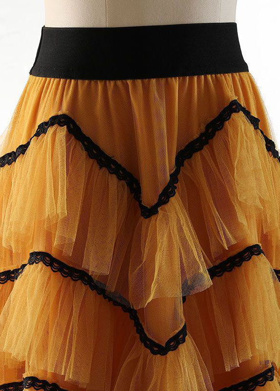 Yellow Ruffles Patchwork Tulle a Line Skirts Spring