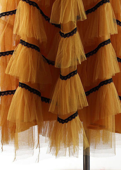 Yellow Ruffles Patchwork Tulle a Line Skirts Spring