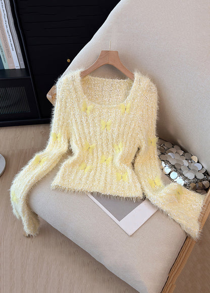 Yellow Square Collar Butterfly Knit Sweaters Winter