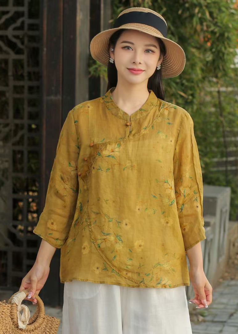Yellow Stand Collar Print Patchwork Linen Blouse Top Spring