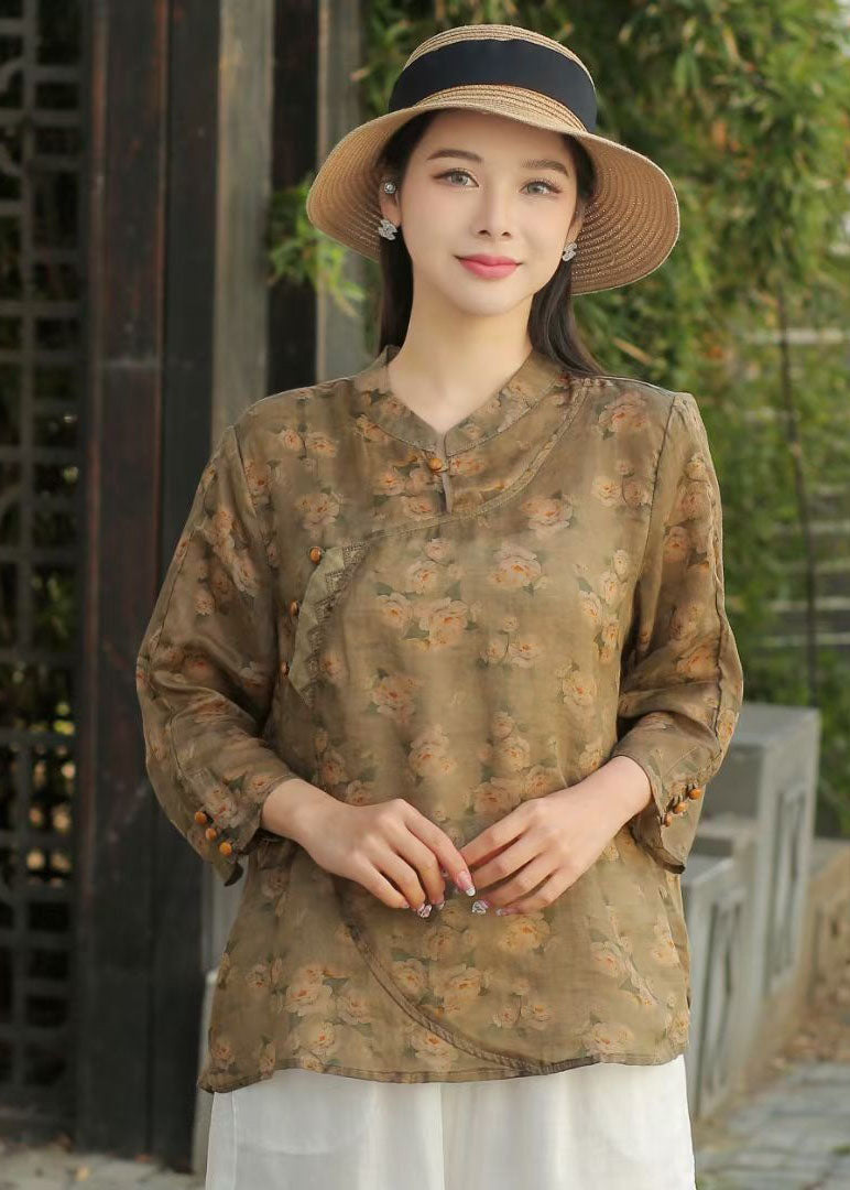 Yellow Stand Collar Print Patchwork Linen Blouse Top Spring