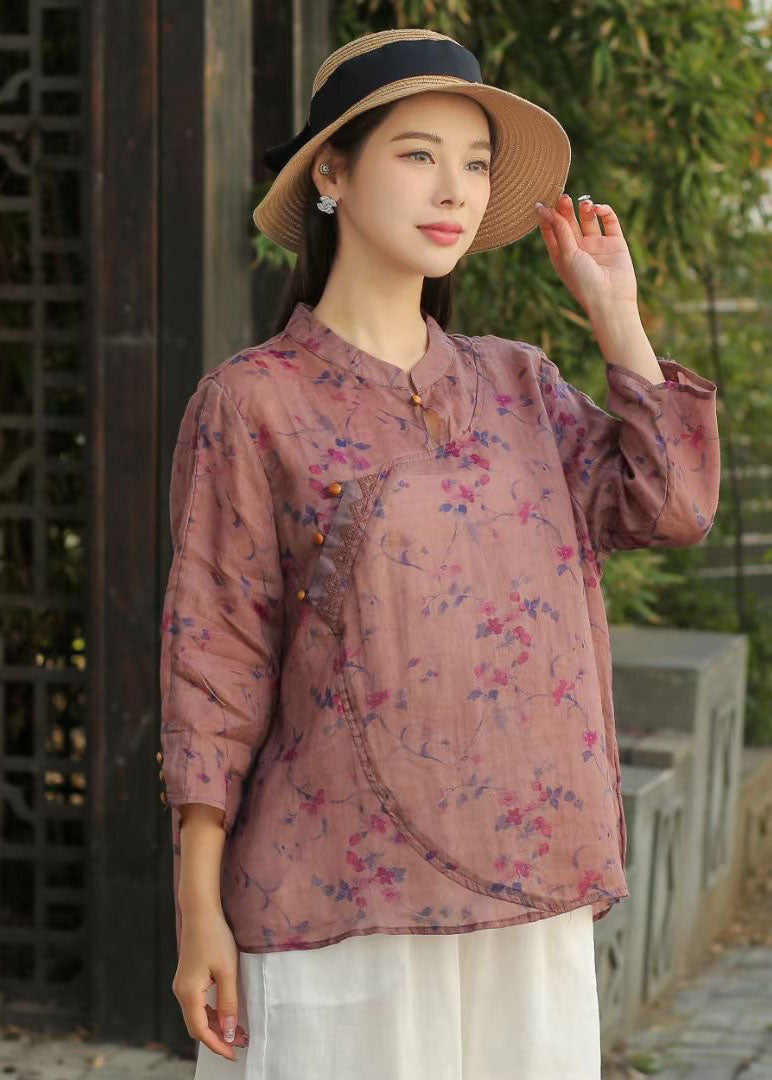 Yellow Stand Collar Print Patchwork Linen Blouse Top Spring
