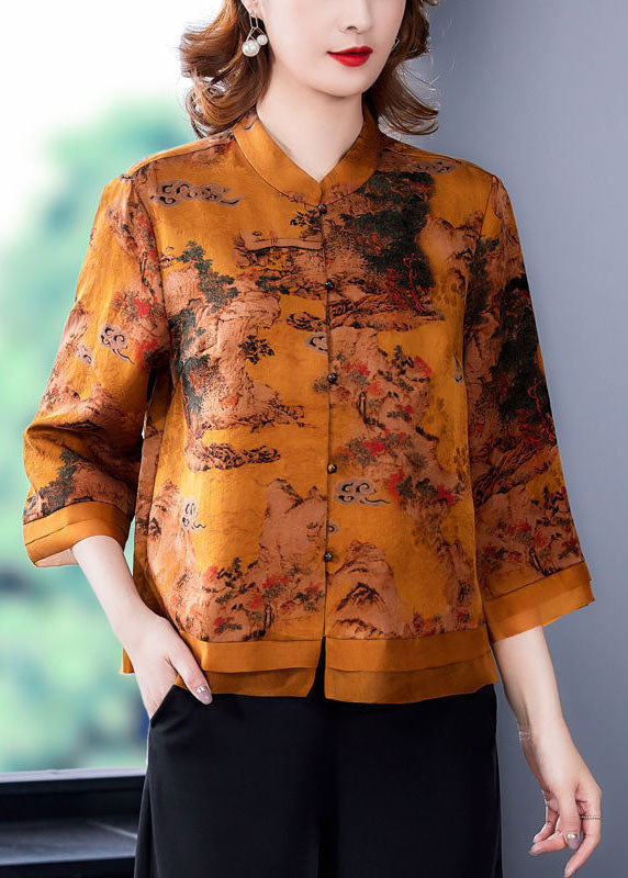 Yellow Stand Collar Print Silk Blouse Tops Bracelet Sleeve