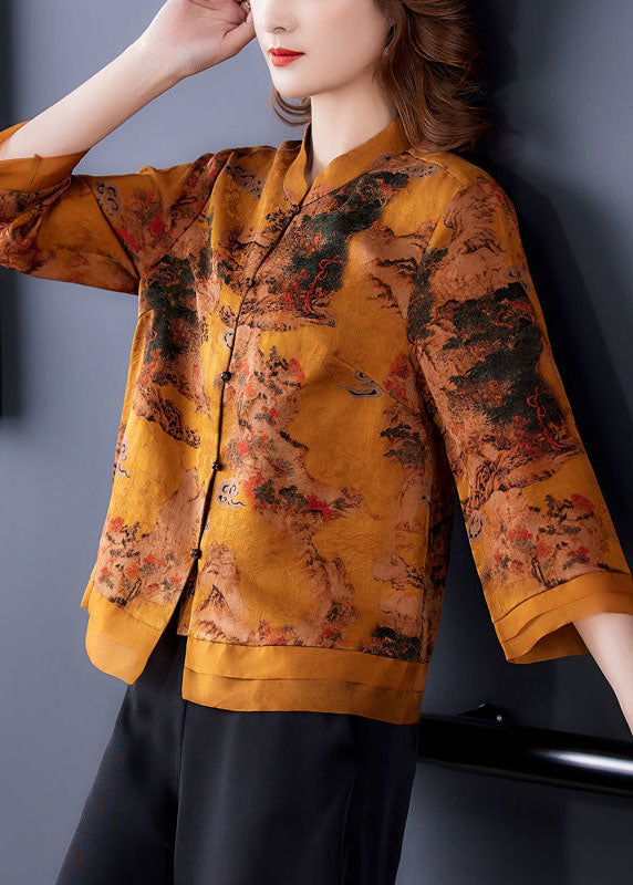 Yellow Stand Collar Print Silk Blouse Tops Bracelet Sleeve