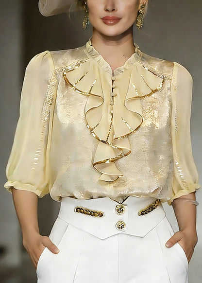 Yellow Stand Collar Ruffled Chiffon Shirt Summer
