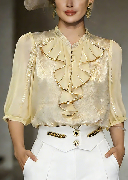 Yellow Stand Collar Ruffled Chiffon Shirt Summer