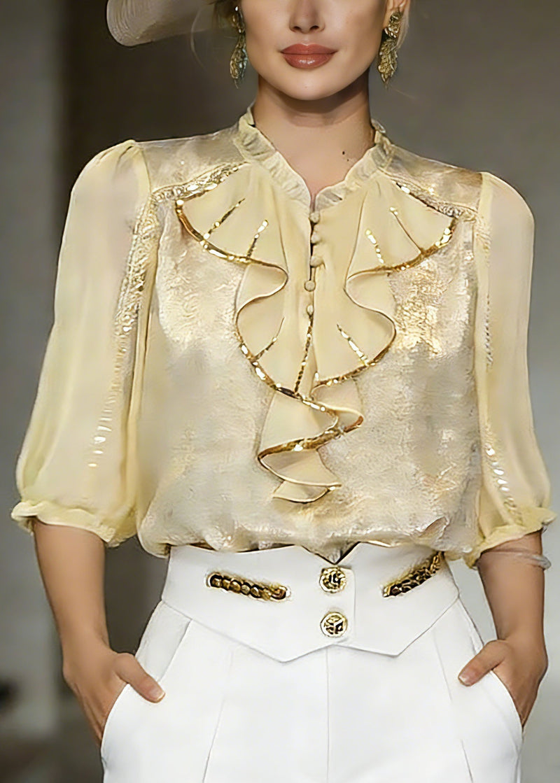 Yellow Stand Collar Ruffled Chiffon Shirt Summer