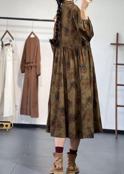 Yellow Stand Collar Ruffled Print Corduroy Dress Winter