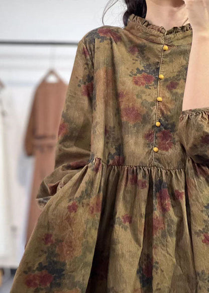 Yellow Stand Collar Ruffled Print Corduroy Dress Winter