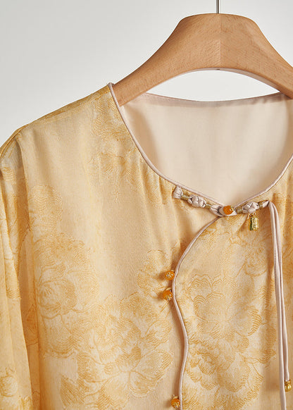 Yellow Tasseled Print Silk Coats Fall