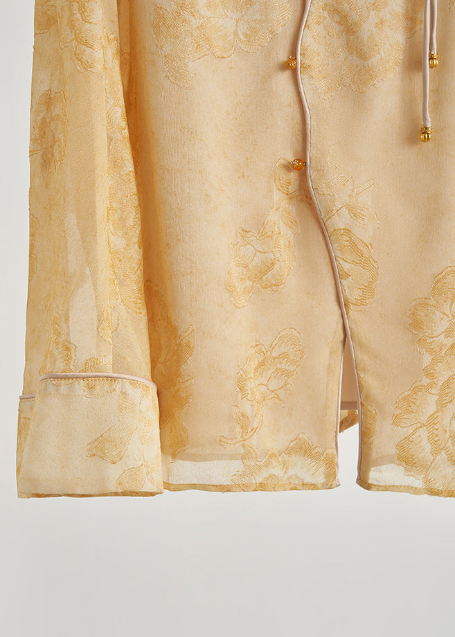 Yellow Tasseled Print Silk Coats Fall