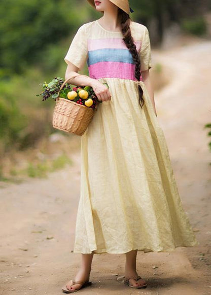 Yellow Tunic Dress O Neck Patchwork Traveling Summer Dresses