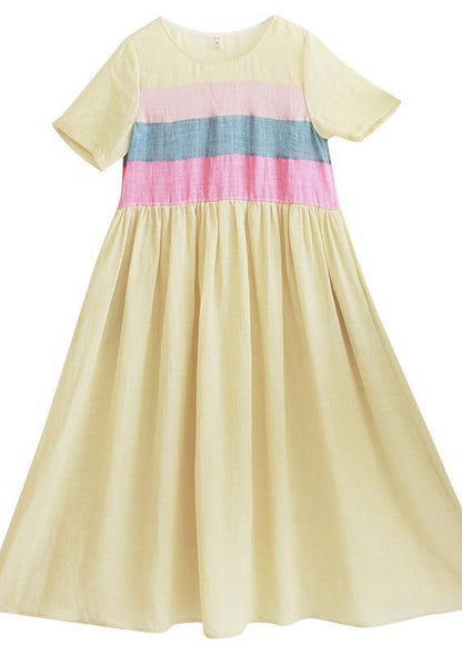 Yellow Tunic Dress O Neck Patchwork Traveling Summer Dresses