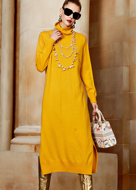 Yellow Turtleneck Side Open Wool Knit Sweater Long Dresses Long Sleeve