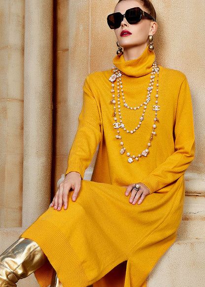 Yellow Turtleneck Side Open Wool Knit Sweater Long Dresses Long Sleeve