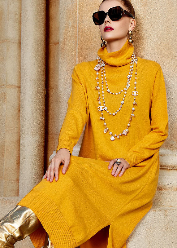 Yellow Turtleneck Side Open Wool Knit Sweater Long Dresses Long Sleeve