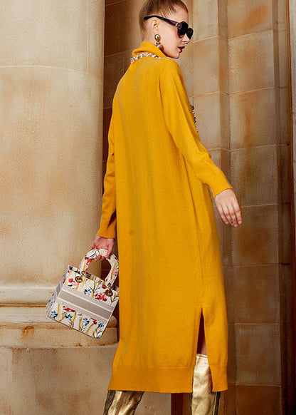 Yellow Turtleneck Side Open Wool Knit Sweater Long Dresses Long Sleeve