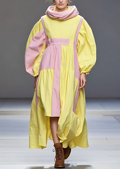 Yellow Turtleneck Wrinkled Patchwork Cotton Dress Fall