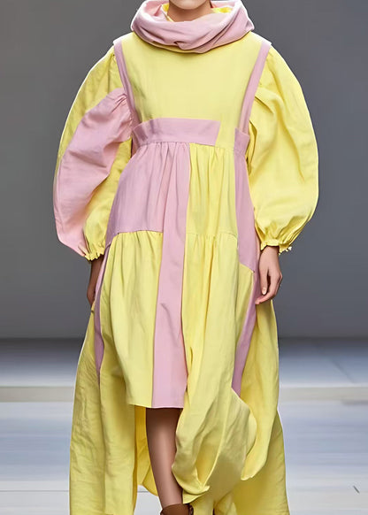 Yellow Turtleneck Wrinkled Patchwork Cotton Dress Fall