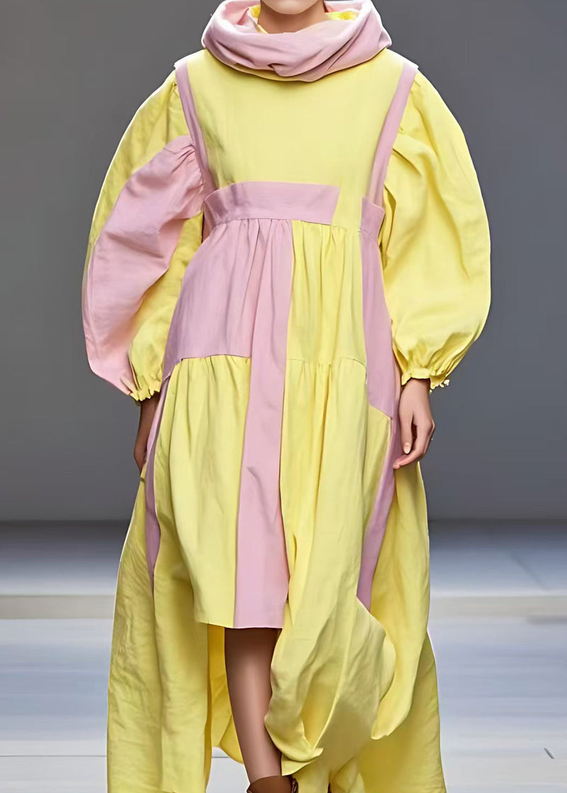 Yellow Turtleneck Wrinkled Patchwork Cotton Dress Fall