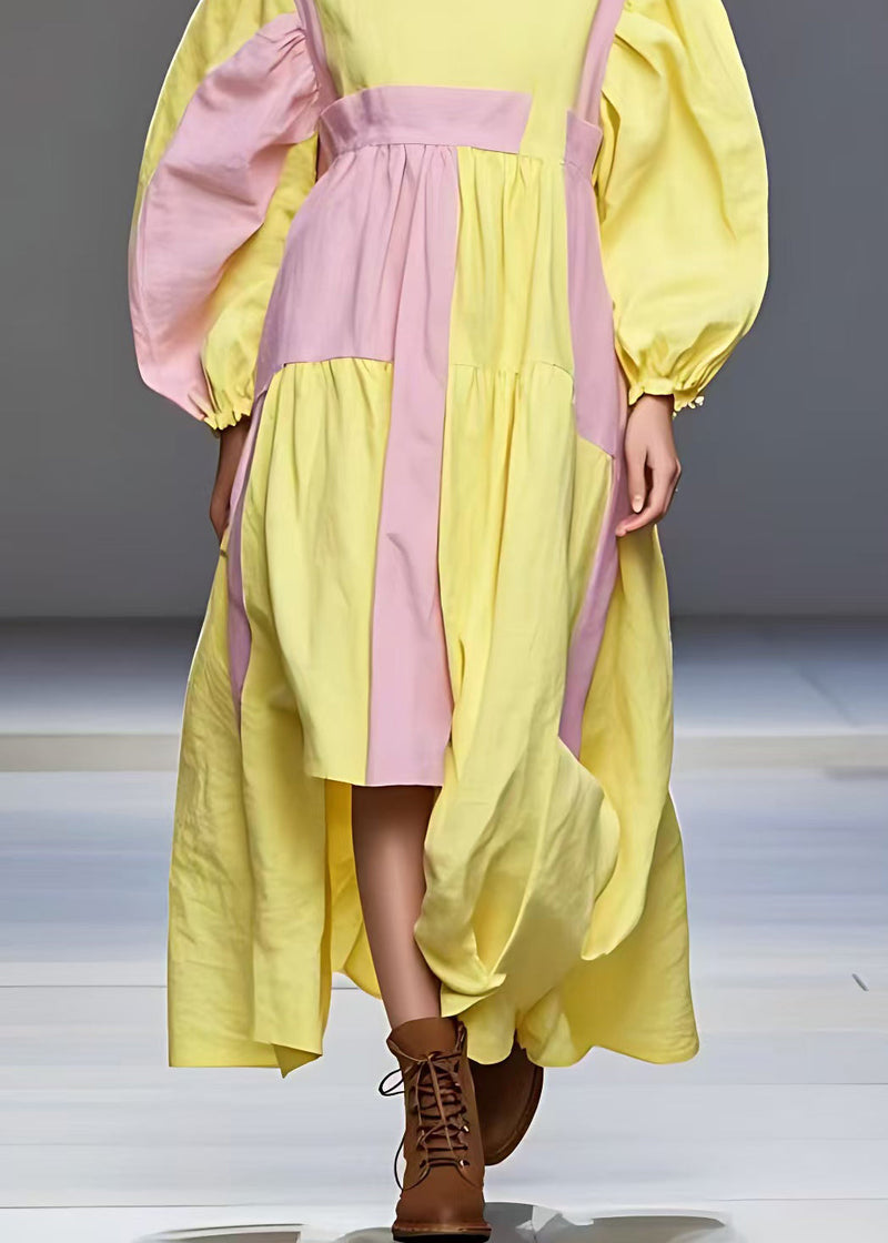 Yellow Turtleneck Wrinkled Patchwork Cotton Dress Fall