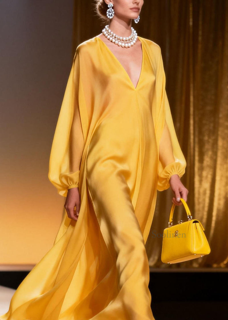 Yellow V Neck Chiffon Long Dresses Spring