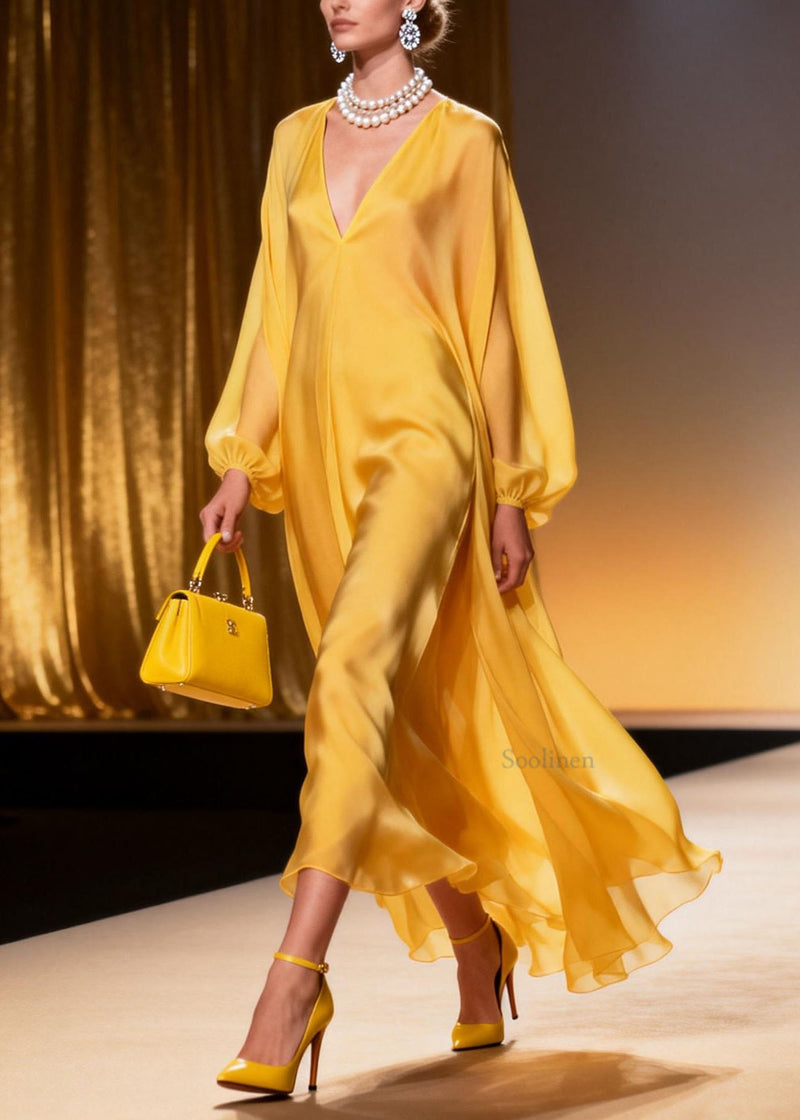 Yellow V Neck Chiffon Long Dresses Spring
