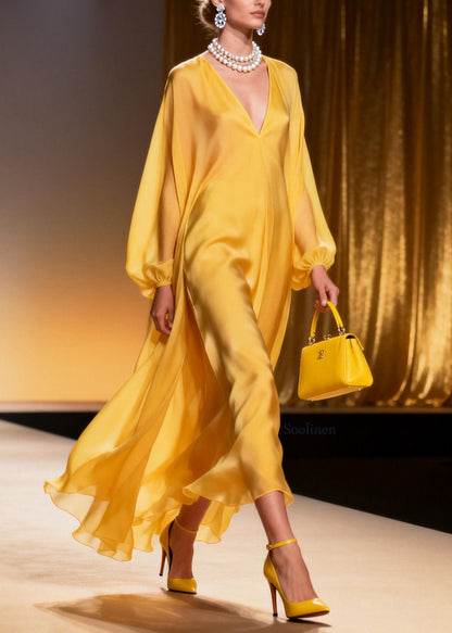 Yellow V Neck Chiffon Long Dresses Spring