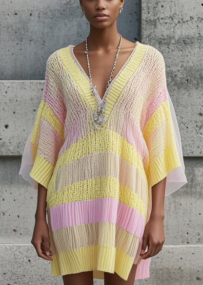 Yellow V Neck Patchwork Tulle Sweater Dress Fall