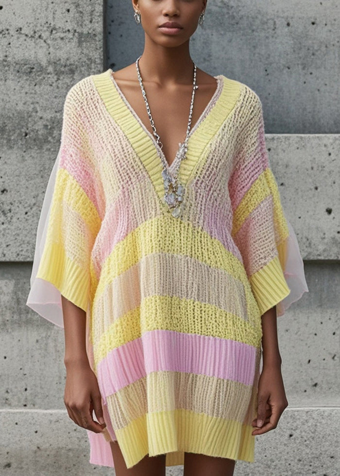 Yellow V Neck Patchwork Tulle Sweater Dress Fall