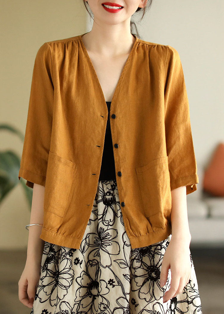 Yellow V Neck Pockets Linen Shirt Tops Half Sleeve