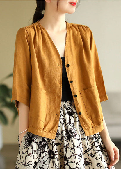 Yellow V Neck Pockets Linen Shirt Tops Half Sleeve