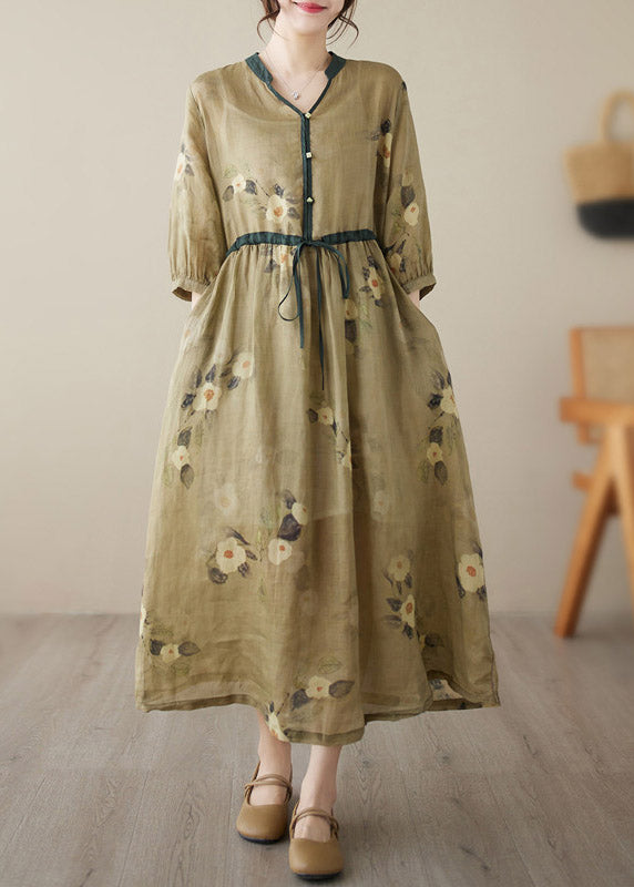 Yellow V Neck Print Wrinkled Tie Waist Linen Long Dresses Summer