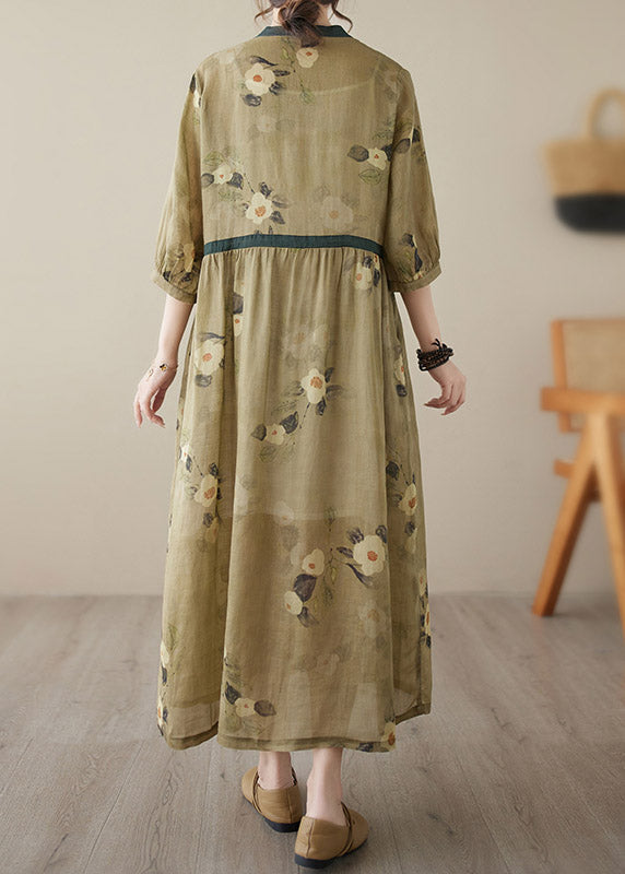 Yellow V Neck Print Wrinkled Tie Waist Linen Long Dresses Summer