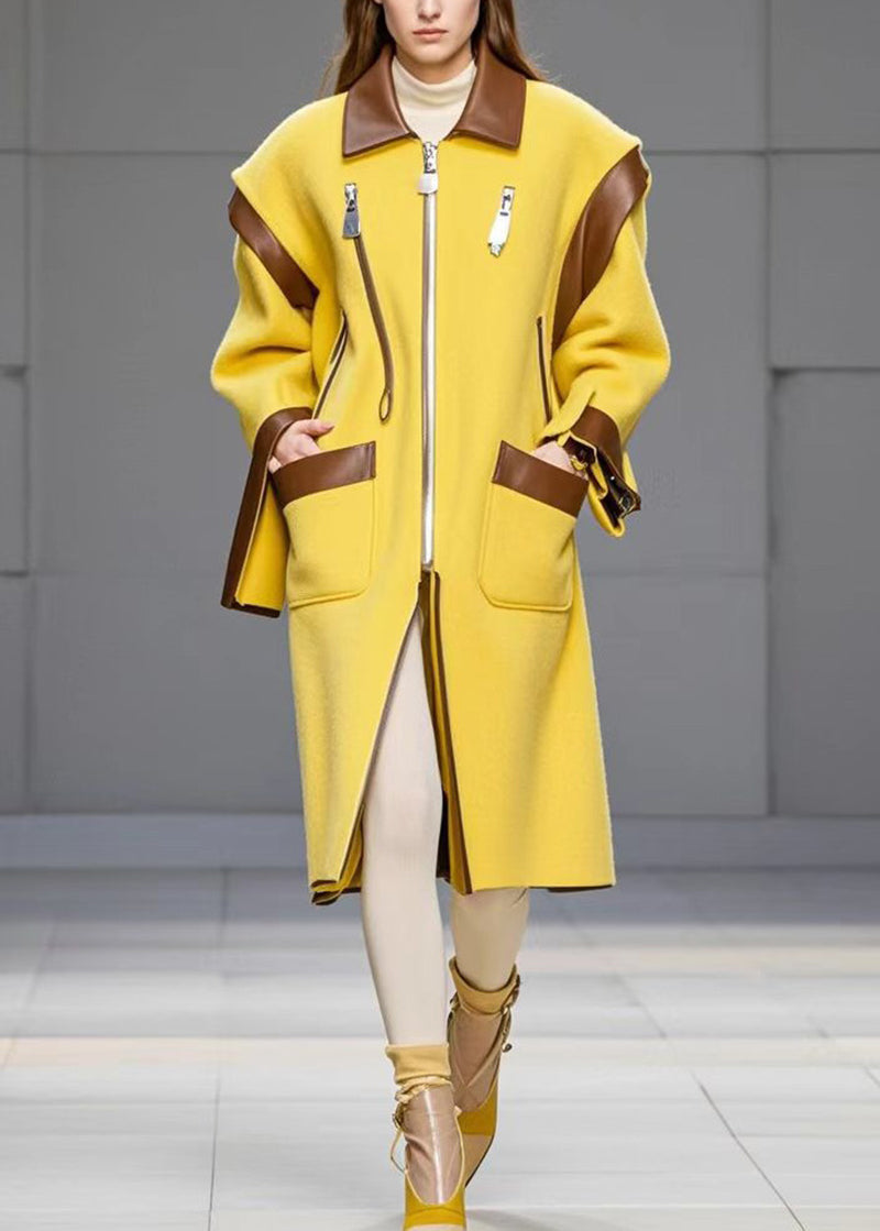 Yellow Zip Up Patchwork Pockets Woolen Coats Fall