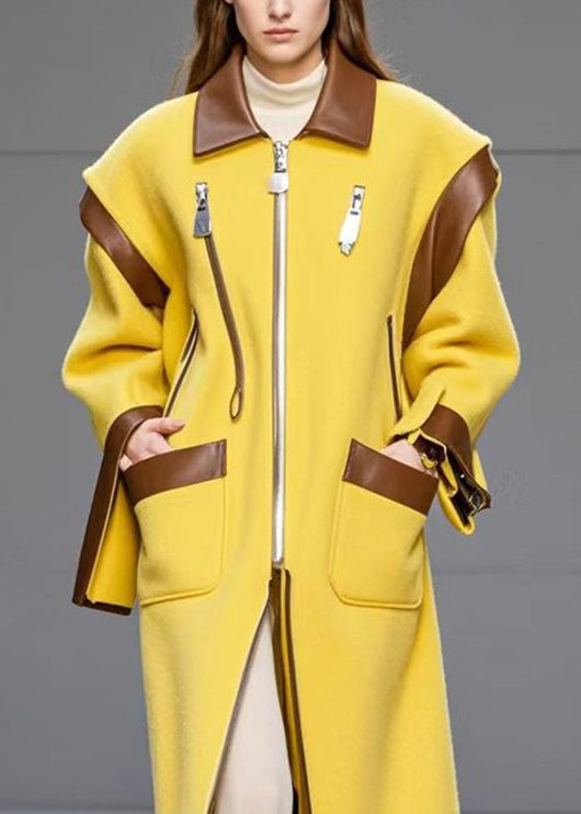 Yellow Zip Up Patchwork Pockets Woolen Coats Fall