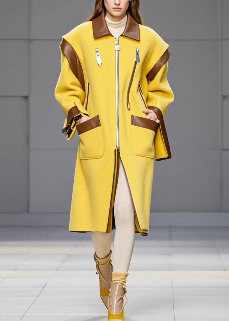Yellow Zip Up Patchwork Pockets Woolen Coats Fall