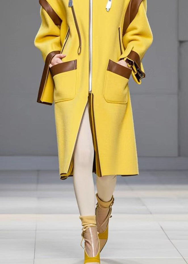 Yellow Zip Up Patchwork Pockets Woolen Coats Fall