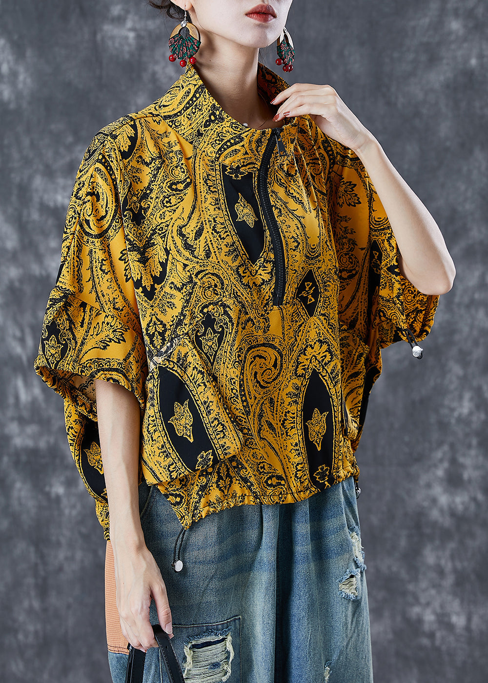 Yellow Zip Up Pockets Cotton Sweatshirts Top Summer