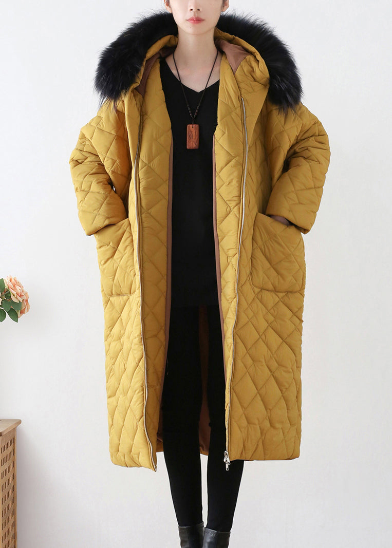 Yellow Zippered Warm Hooded Long Parka Winter