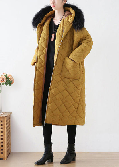 Yellow Zippered Warm Hooded Long Parka Winter